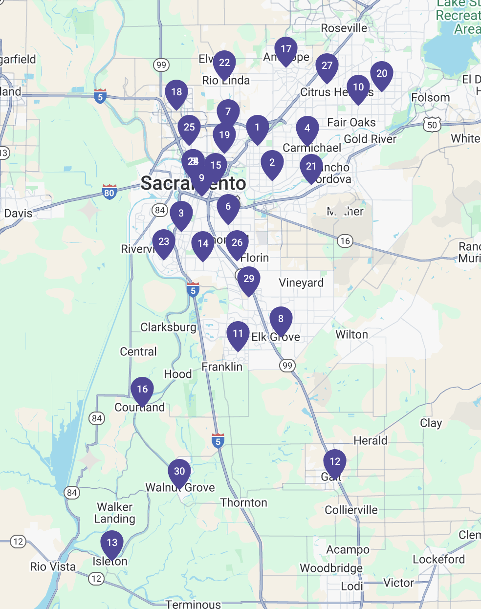 Map with numbered markers around Sacramento County, displaying various library locations.
