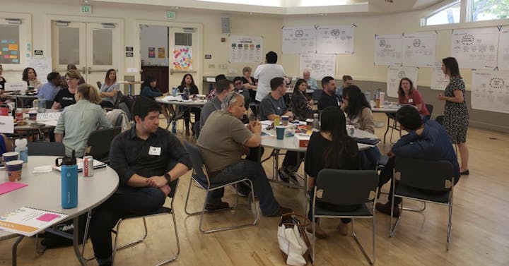A group of people engaged in discussions and activities in a workshop or meeting setting, surrounded by charts and notes.