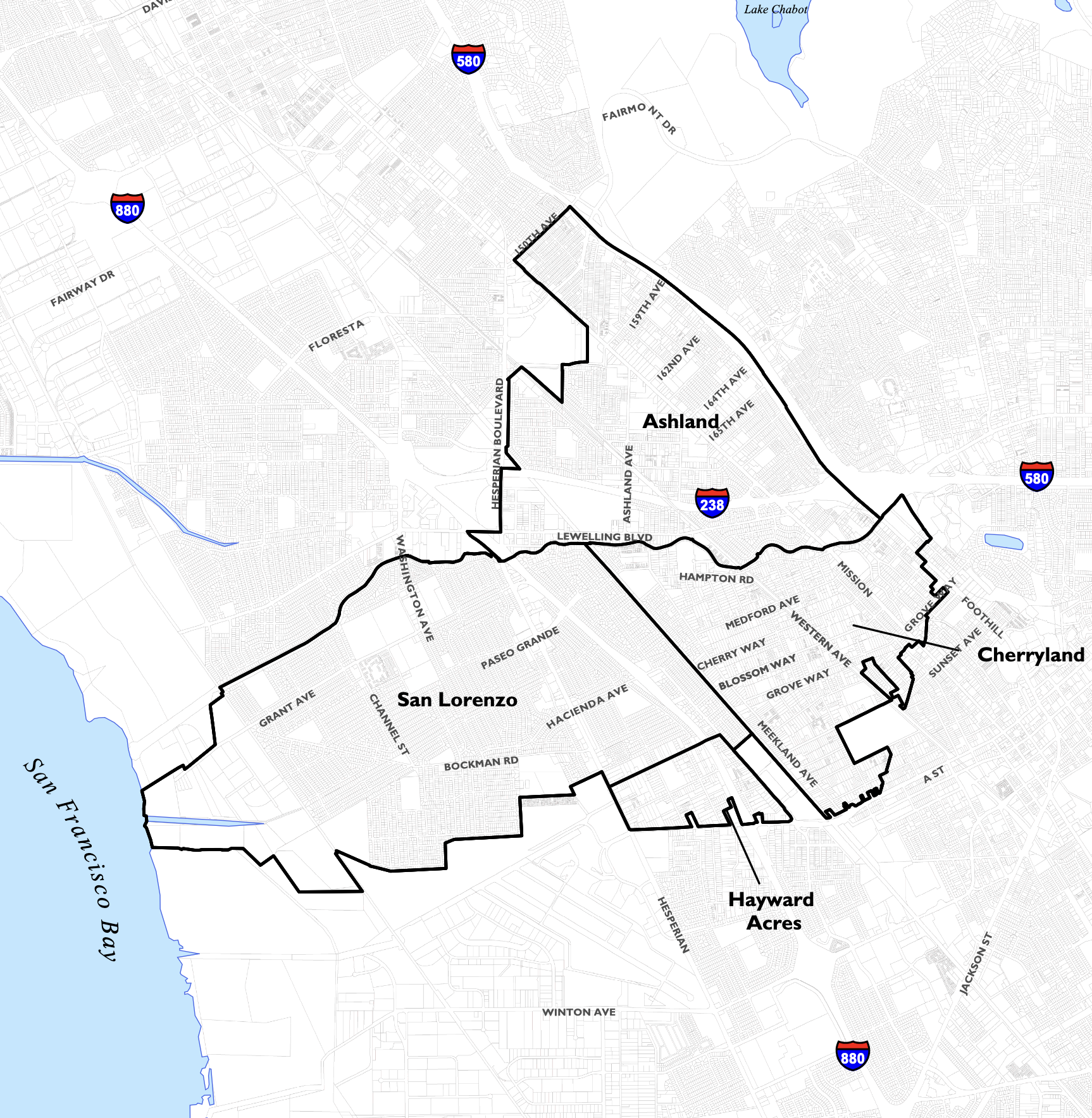 A map highlighting areas Ashland, San Lorenzo, Cherryland, and Hayward Acres near San Francisco Bay with major roads and highways.