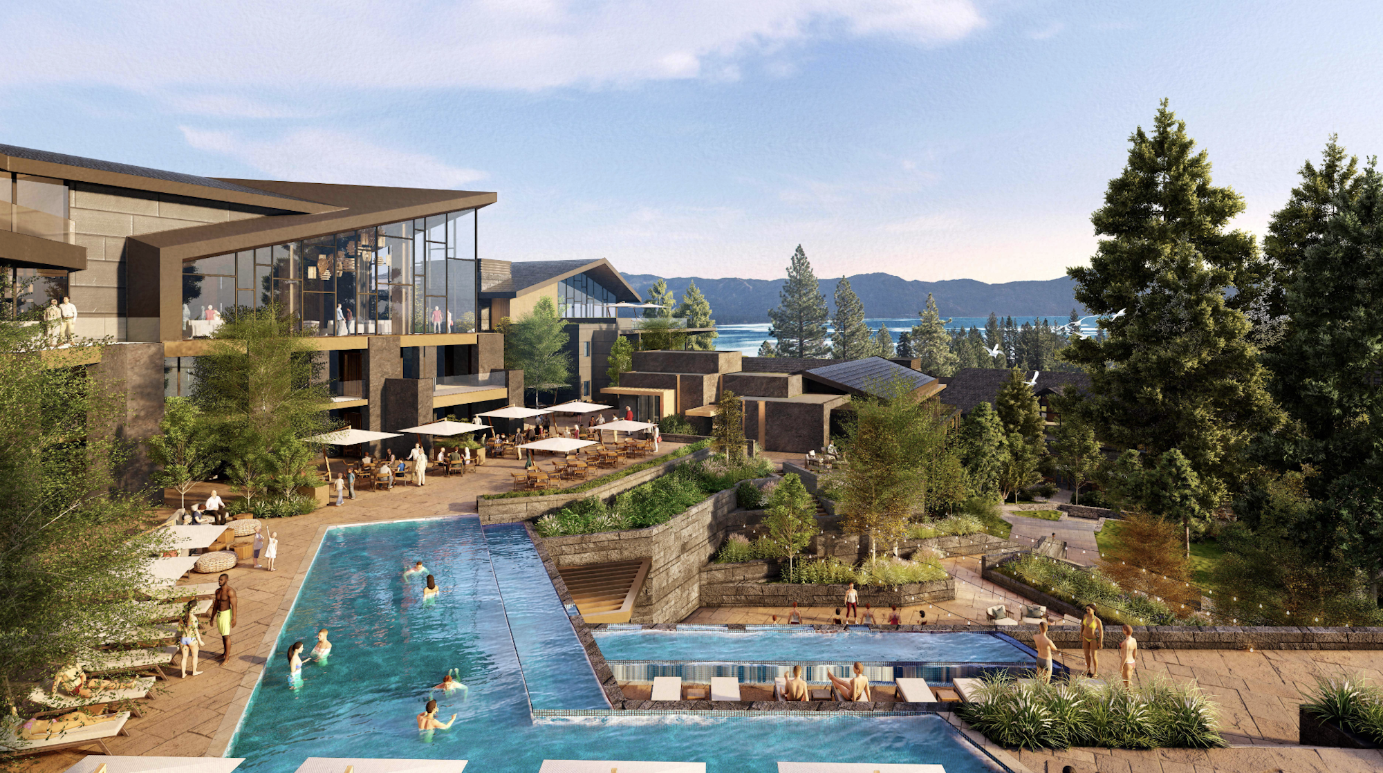 May contain: architecture, building, hotel, resort, pool, water, swimming pool, person, plant, tree, nature, outdoors, scenery, house, housing, and villa