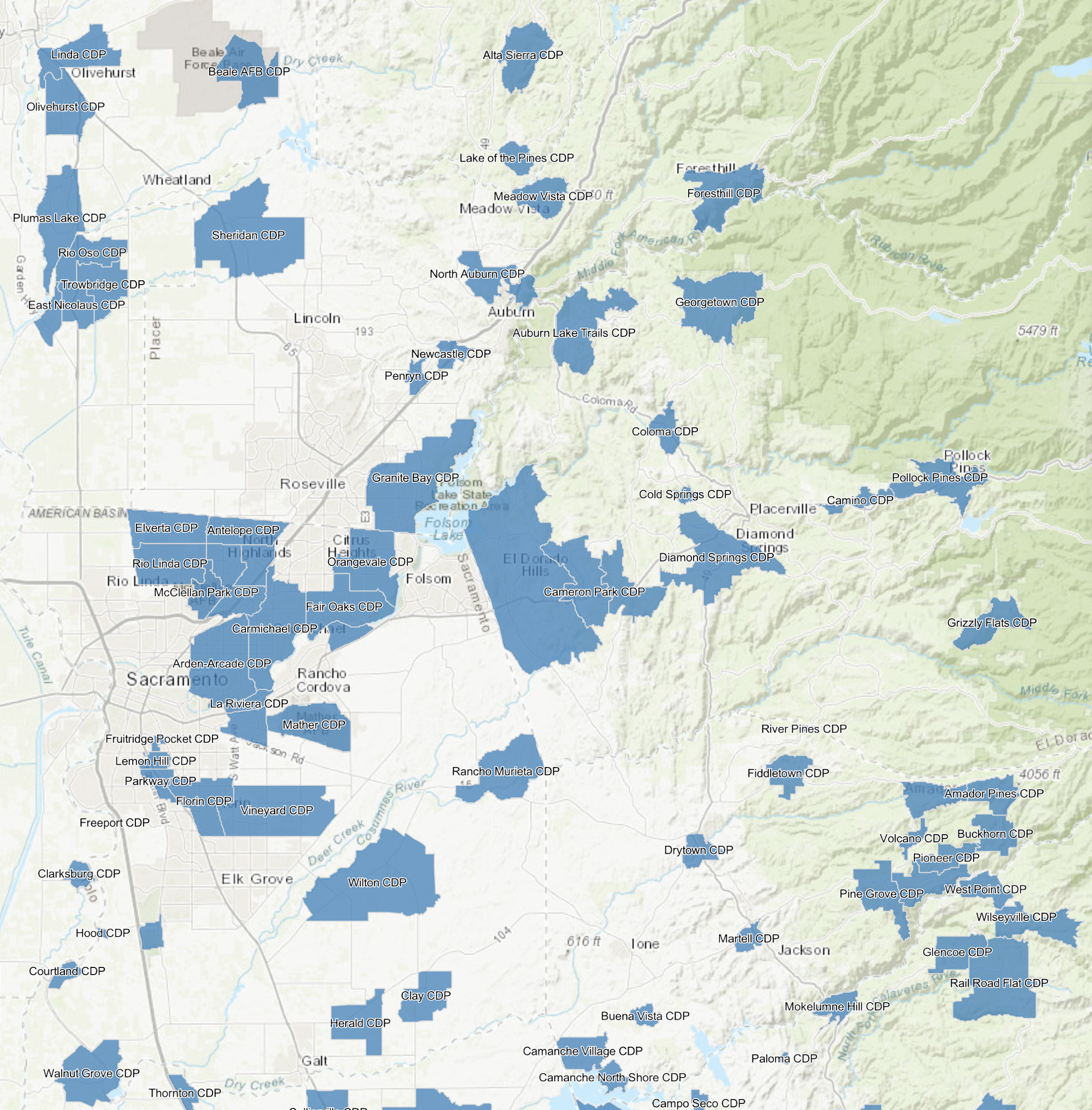 A map depicting various Census Designated Places in the vicinity of the City of Sacramento. The CDPs are highlighted in blue.