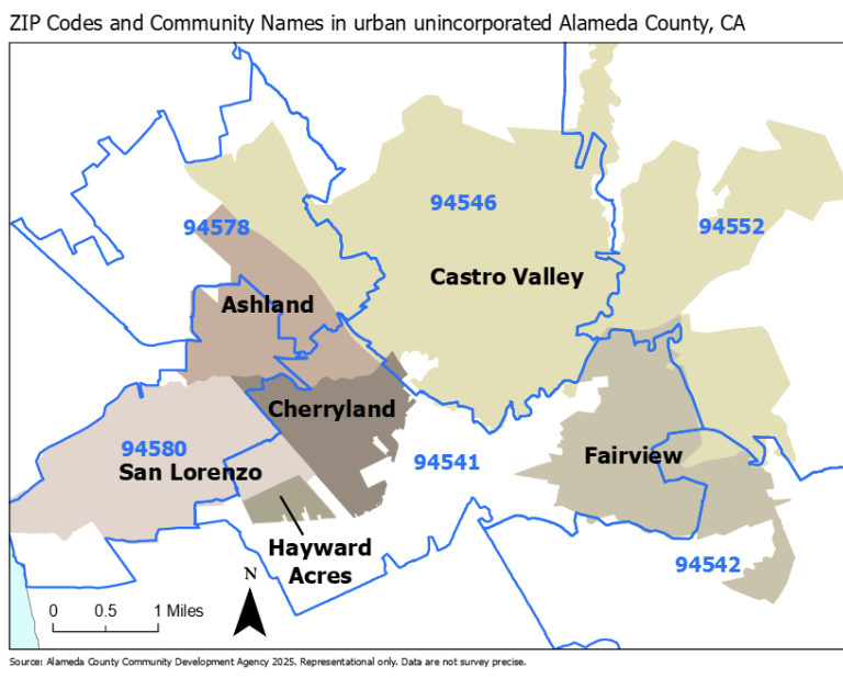 Map of urban unincorporated Alameda County, CA, with ZIP codes and community names: Ashland, Cherryland, San Lorenzo, Castro Valley, Fairview.