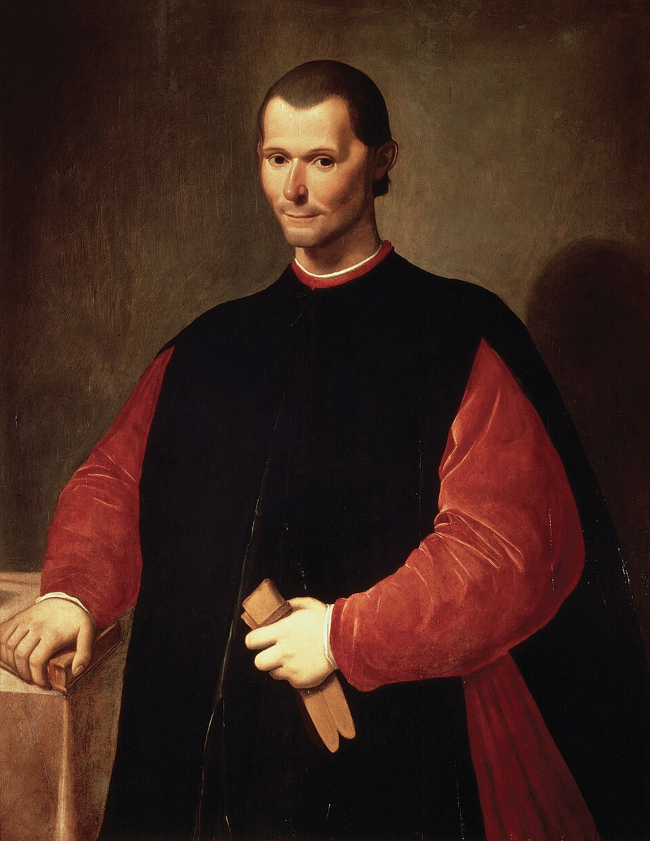 A painting of Niccolò machiavelli in red and black robes holding a book, with a neutral expression and short hair, set against a dark background.