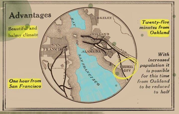 Map highlighting Russell City near San Francisco Bay. Text promotes proximity to San Francisco and Oakland, and a pleasant climate.