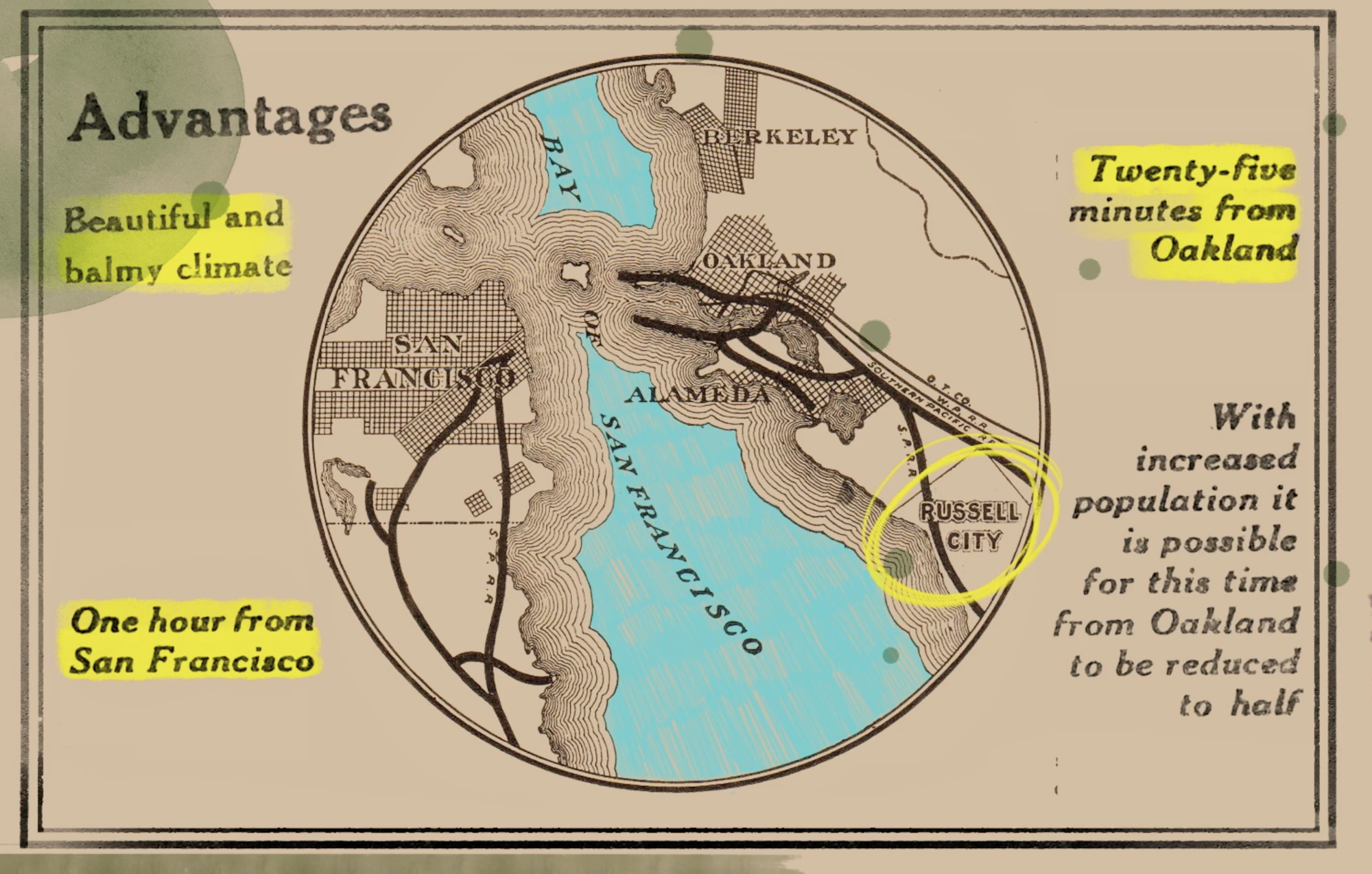 Map highlighting Russell City near San Francisco Bay. Text promotes proximity to San Francisco and Oakland, and a pleasant climate.