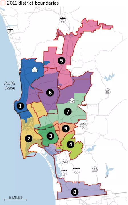 A map showing district boundaries in San Diego, including 2011 district outlines and various numbered districts.