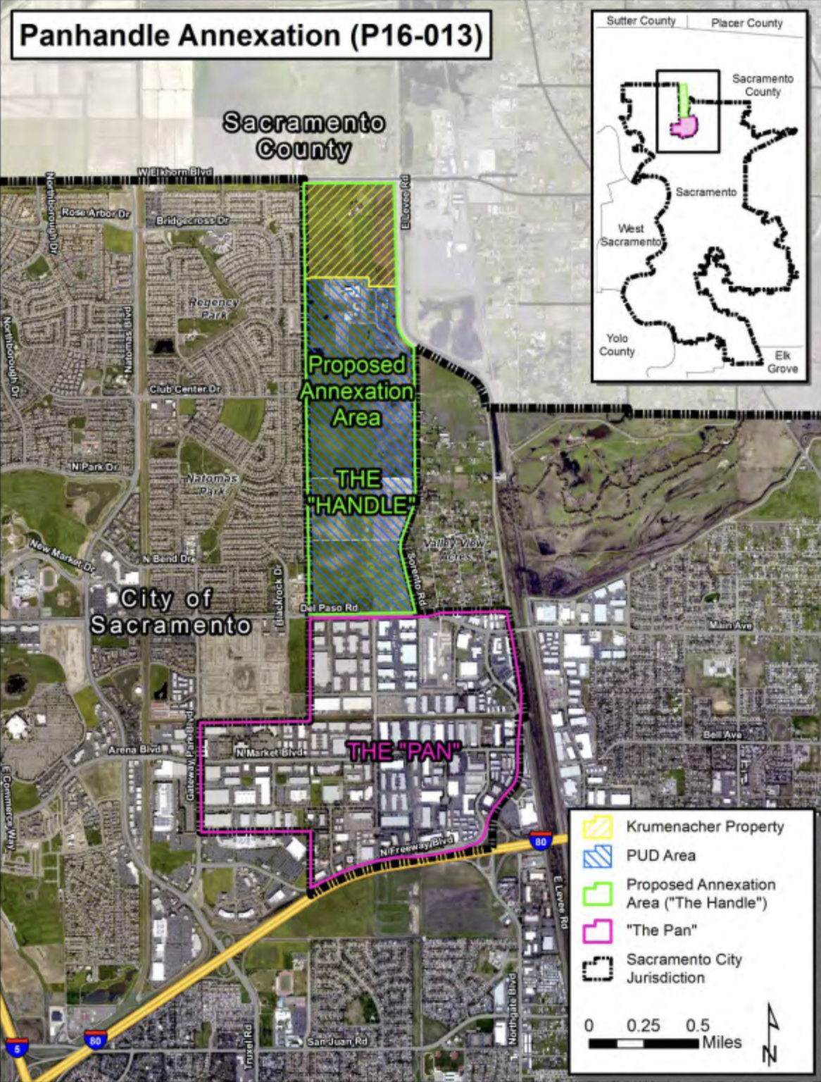 A map showing "Panhandle Annexation" proposal for Sacramento, with areas marked for annexation and existing jurisdiction.
