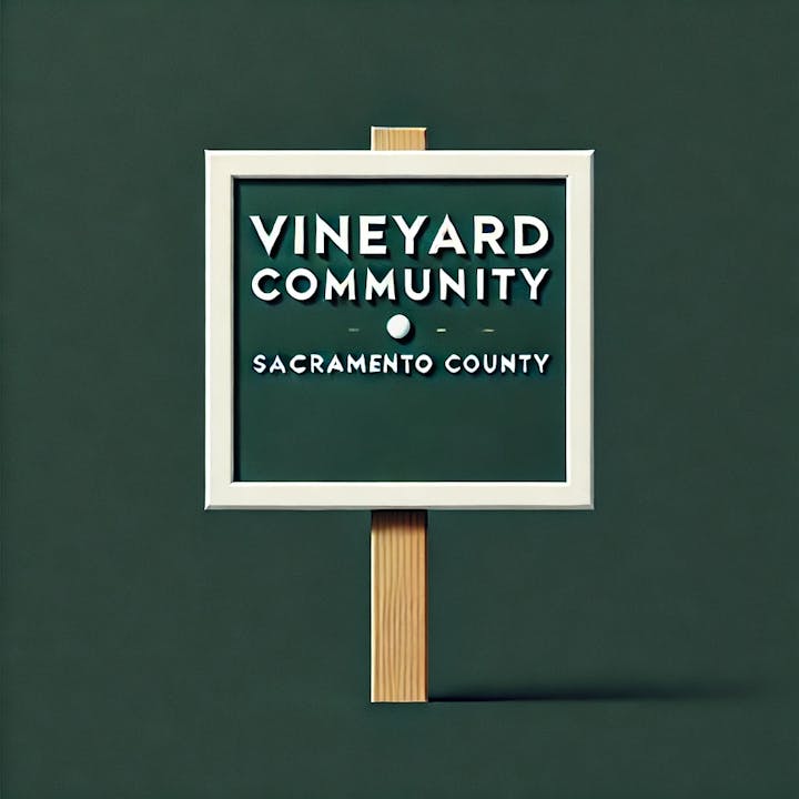 A sign reading "VINEYARD COMMUNITY - SACRAMENTO COUNTY" on a simple wood stand against a green background.