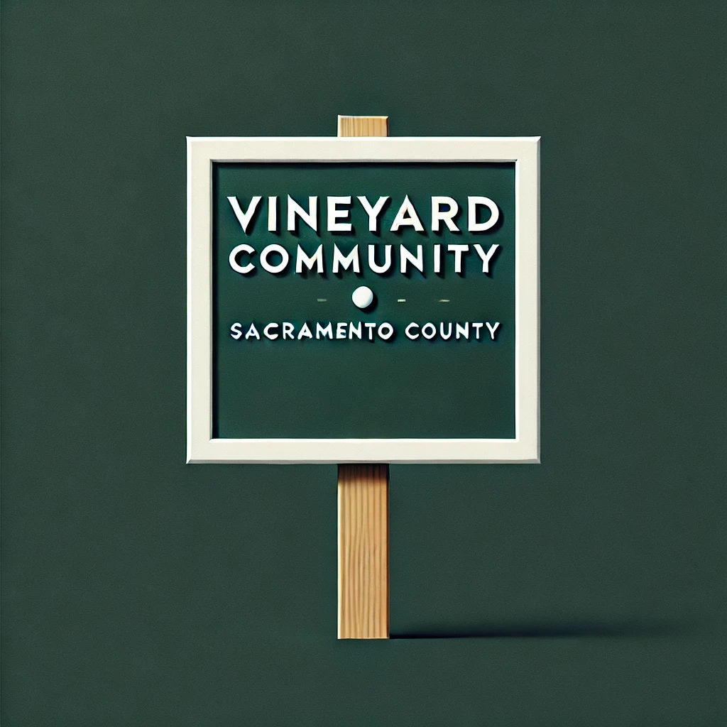 A sign reading "VINEYARD COMMUNITY - SACRAMENTO COUNTY" on a simple wood stand against a green background.