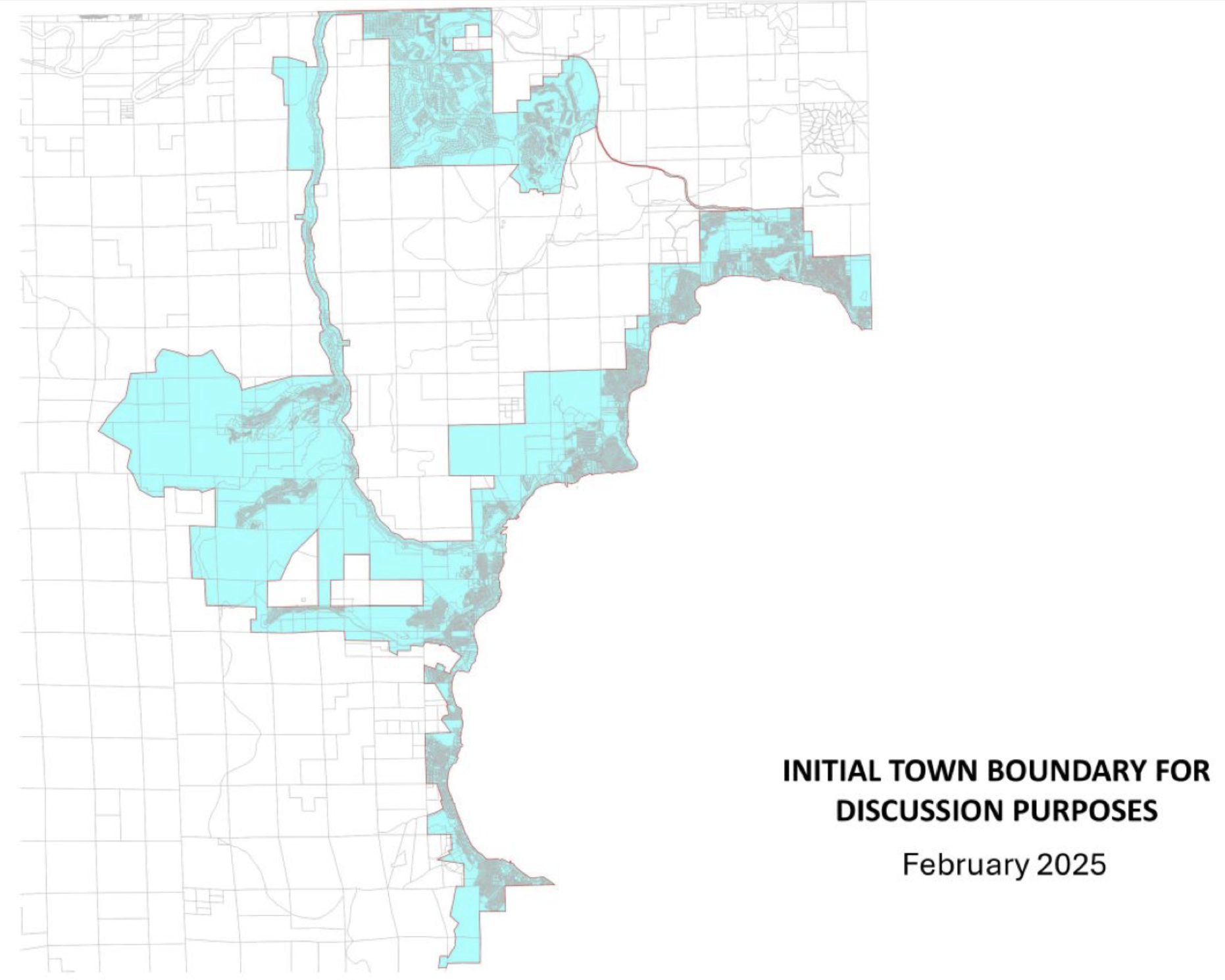Map showing an initial town boundary (in blue) for discussion, February 2025.