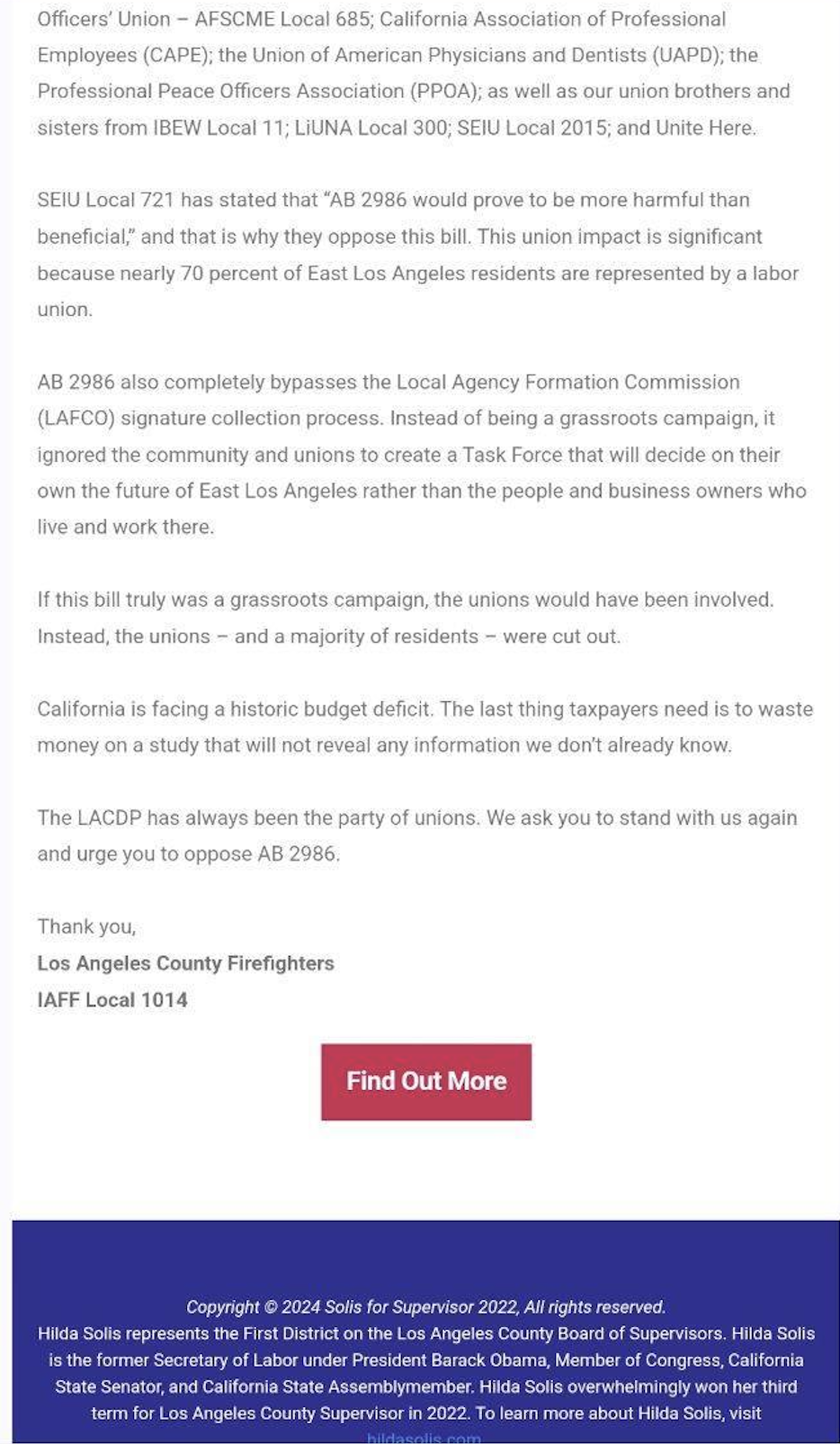 Text expressing opposition to AB 2986 by various unions, citing bypassing of LAFCO process and potential negative impacts.