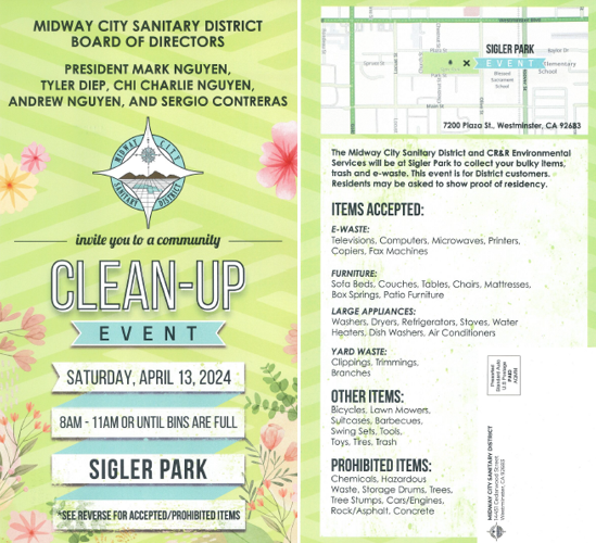 Flyer for a community clean-up event at Sigler Park on April 13, 2024, listing accepted items for disposal and event details.