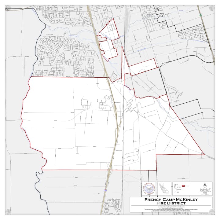 A map showing the boundaries of the French Camp McKinley Fire District, marked in red and featuring surrounding areas.