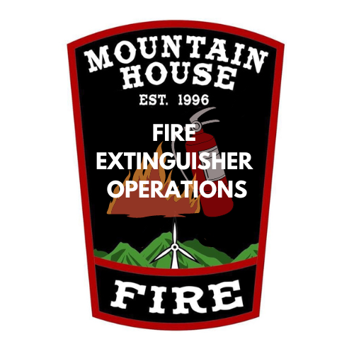A badge-shaped logo for "Mountain House Fire Extinguisher Operations" with a fire extinguisher and mountains.