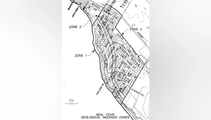 A map detailing geological hazard zones in Seal Cove, divided into Zones 1, 2, and 3, with street names and features.