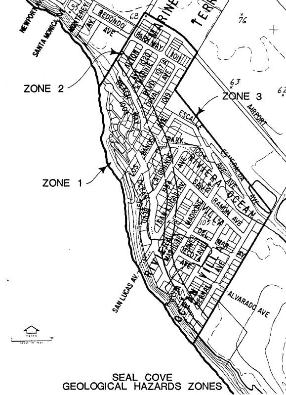 A map detailing geological hazard zones in Seal Cove, divided into Zones 1, 2, and 3, with street names and features.