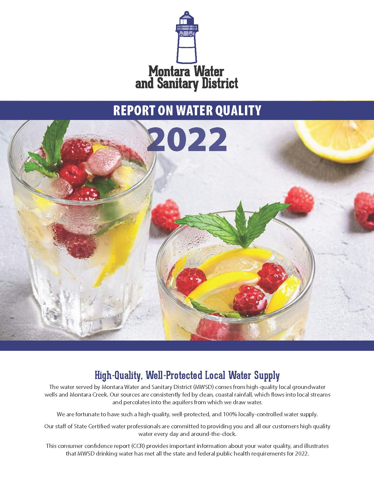 Montara Water and Sanitary District 2022 Water Quality Report cover with drinks and text about local water quality.