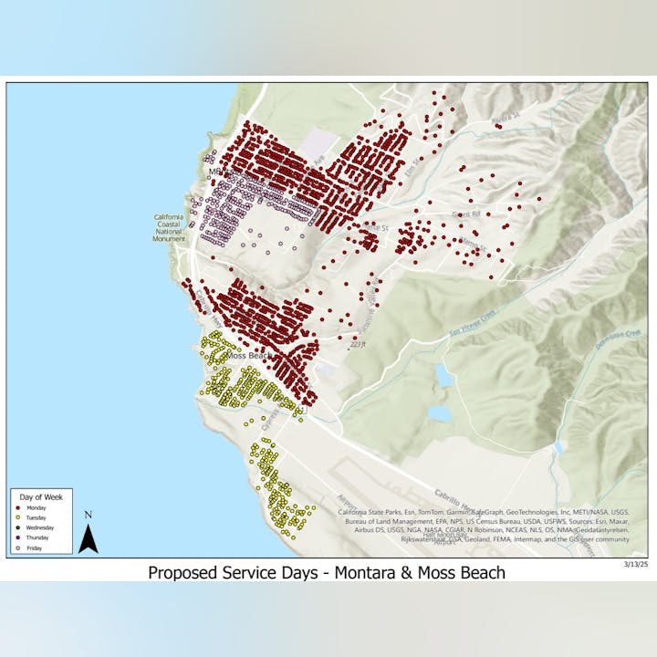 Map showing proposed service days in Montara & Moss Beach with color-coded areas per weekday: Monday (red), Tuesday (lime), etc.