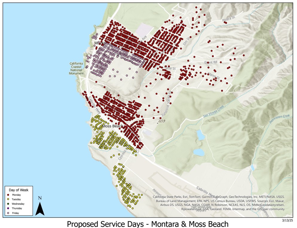 Map showing proposed service days in Montara & Moss Beach with color-coded areas per weekday: Monday (red), Tuesday (lime), etc.