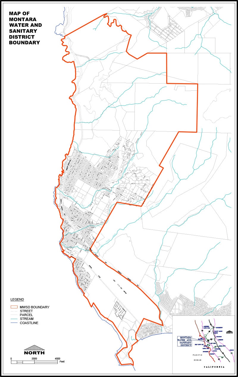 Map of Montara Water and Sanitary District boundary with streets, parcels, streams, and coastline marked.