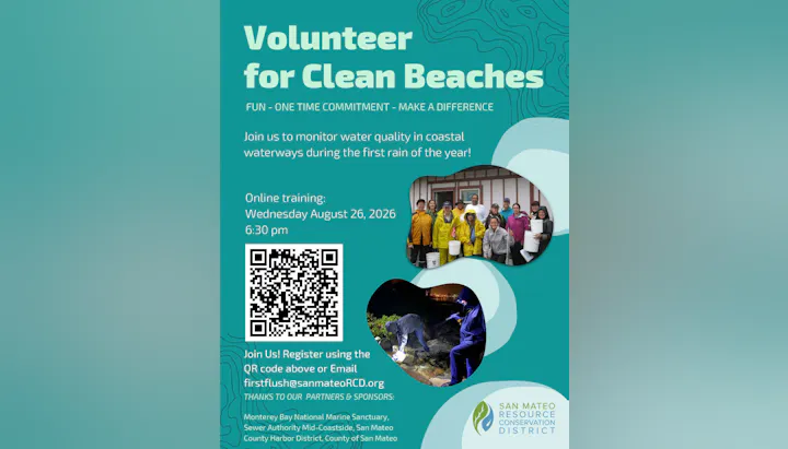Volunteer to monitor water quality at coastal waterways during the first rain. Online training on August 26, 2026, at 6:30 PM.
