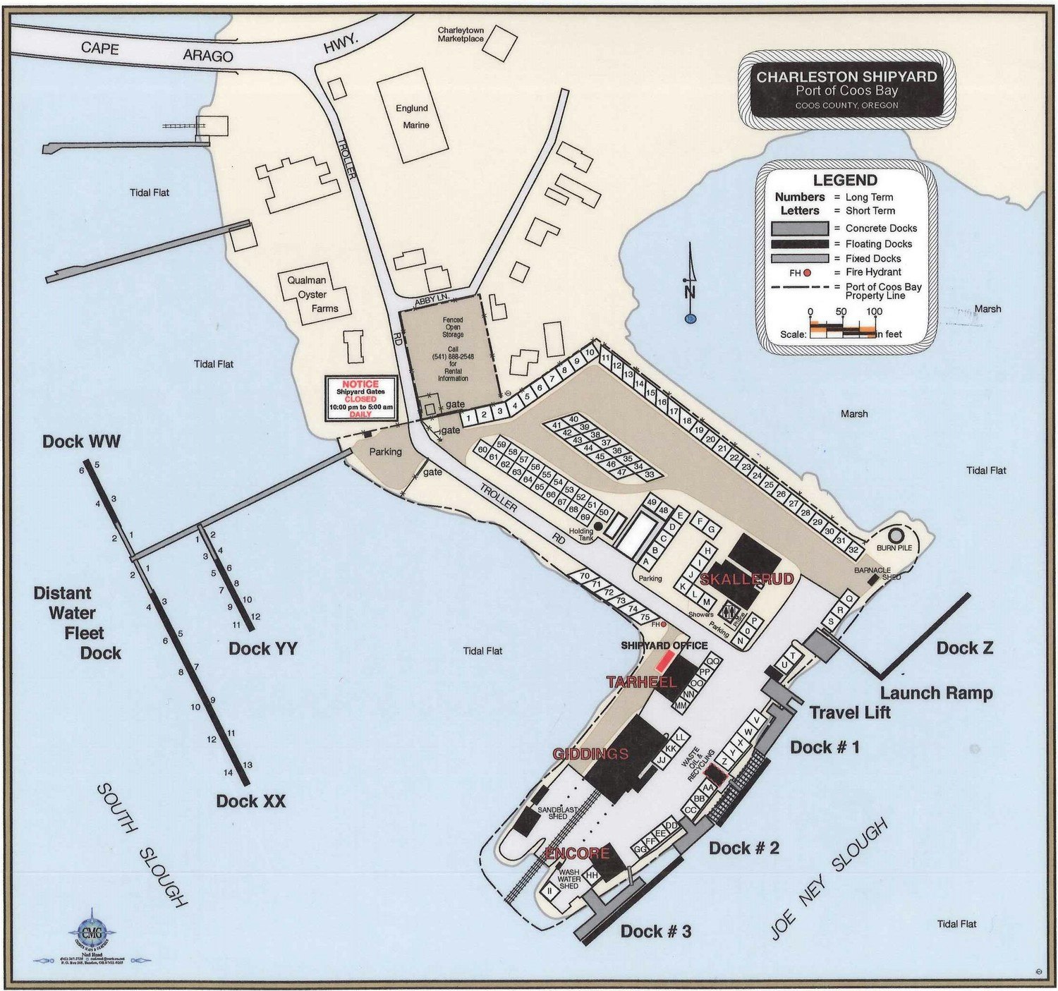 Map of Charleston Shipyard, Coos Bay, Oregon, detailing docks, parking, and facilities with a directional legend.