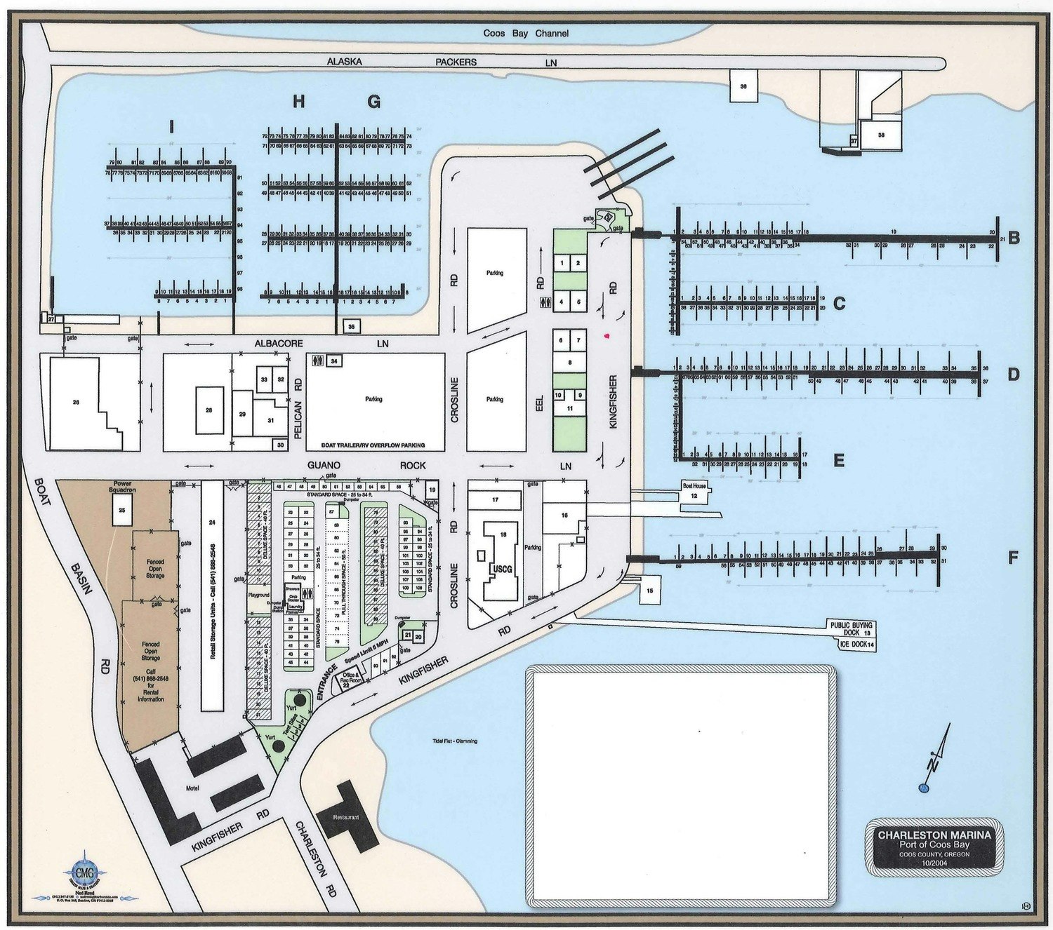 The image is a map of the Charleston Marina, showing docks, parking areas, and nearby facilities in Coos Bay.