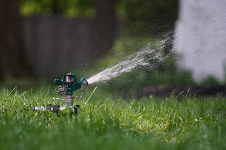 A sprinkler watering a lush green lawn.