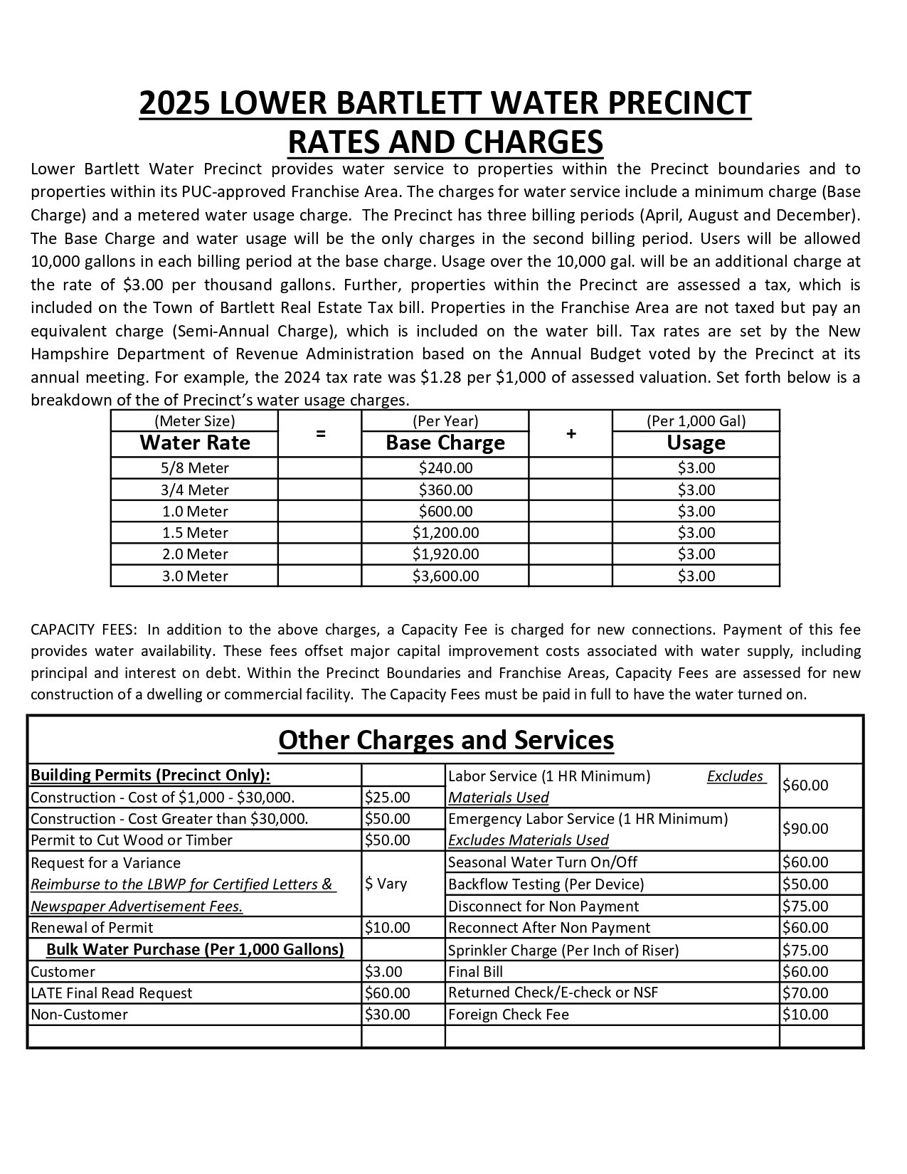 2025 Lower Bartlett Water Precinct rates; base charge by meter size, usage fees, capacity fees, and other service charges.
