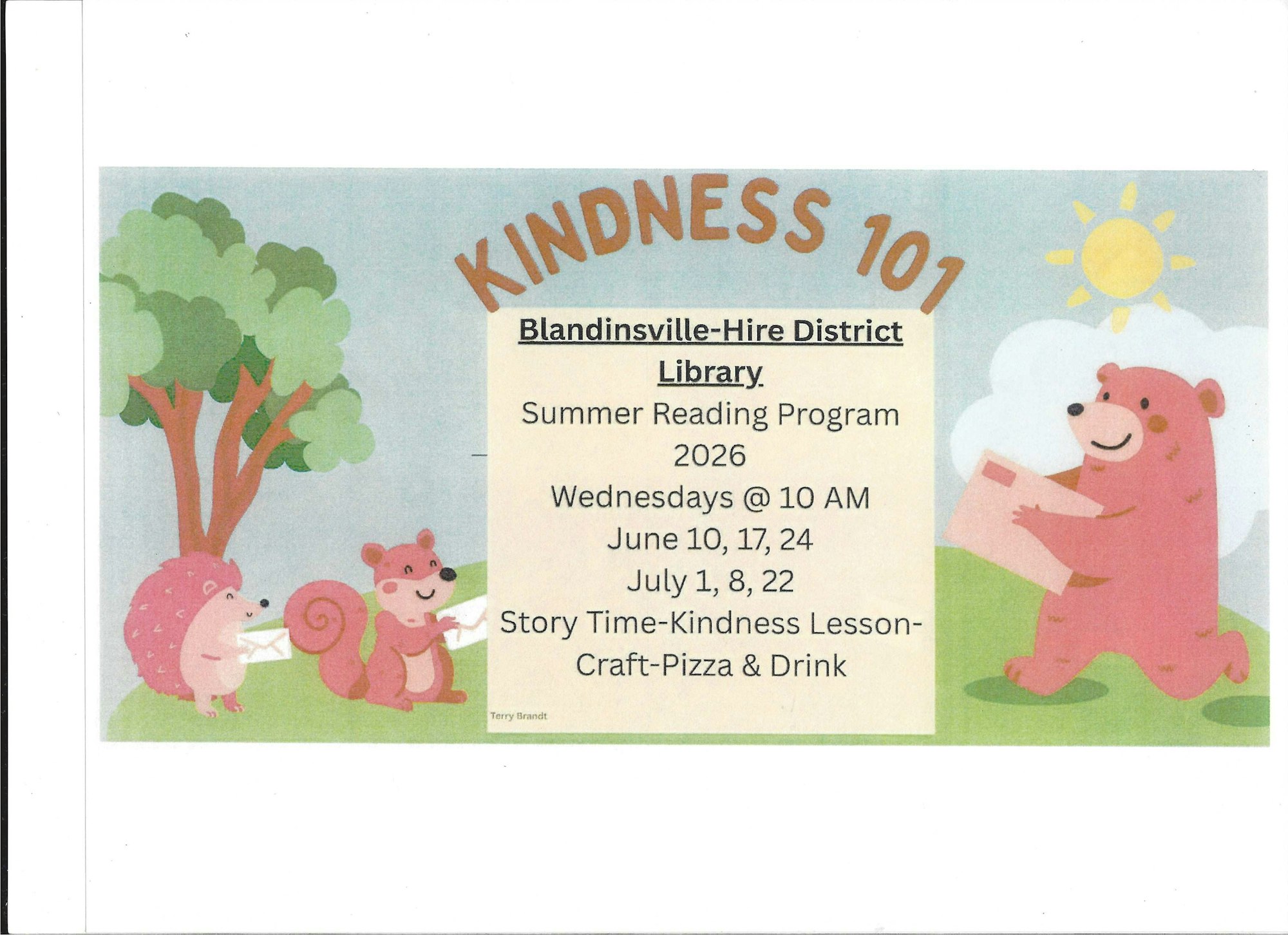 A flyer for the Blandinsville-Hire District Library's Summer Reading Program in 2026 featuring kindness-themed activities.