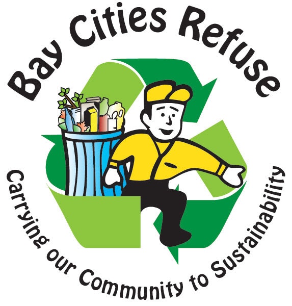 Illustration of a worker with a trash bin, recycling symbol, and "Bay Cities Refuse" with the slogan "Carrying our Community to Sustainability."