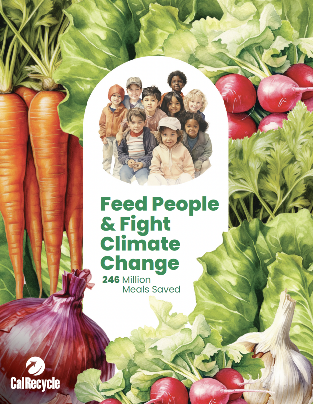 Children with produce; text: "Feed People & Fight Climate Change, 246 Million Meals Saved." CalRecycle logo.
