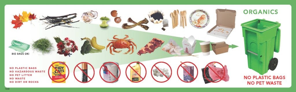 Image shows compostable items like food scraps and paper, and non-acceptable items like plastic bags and pet waste with a green bin.