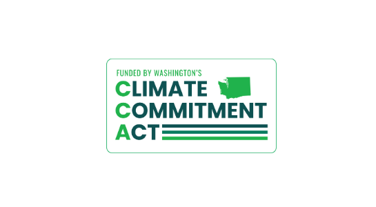 Logo for "Washington's Climate Commitment Act" featuring green text and state outline.