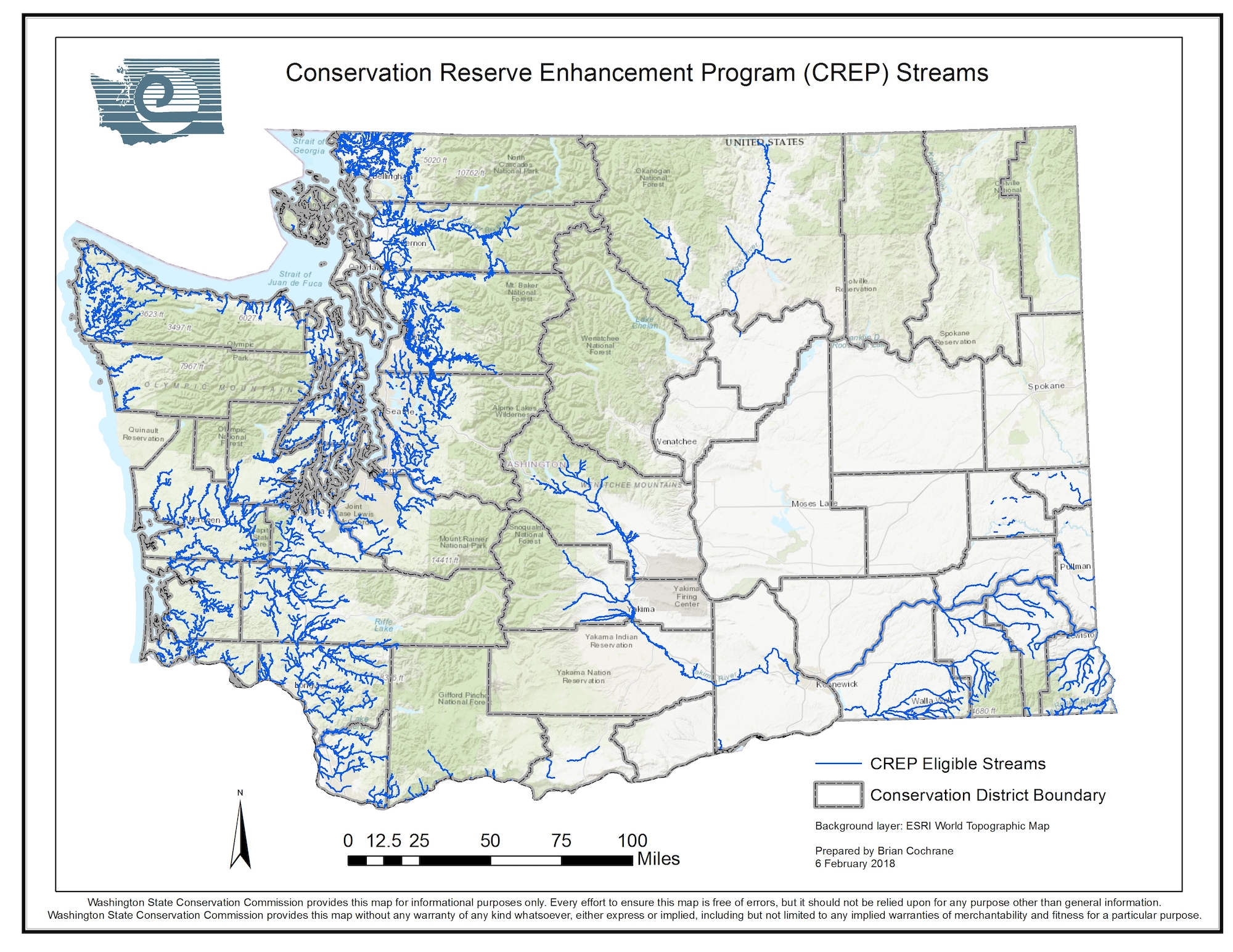A map showing Conservation Reserve Enhancement Program (CREP) eligible streams with district boundaries in a region.
