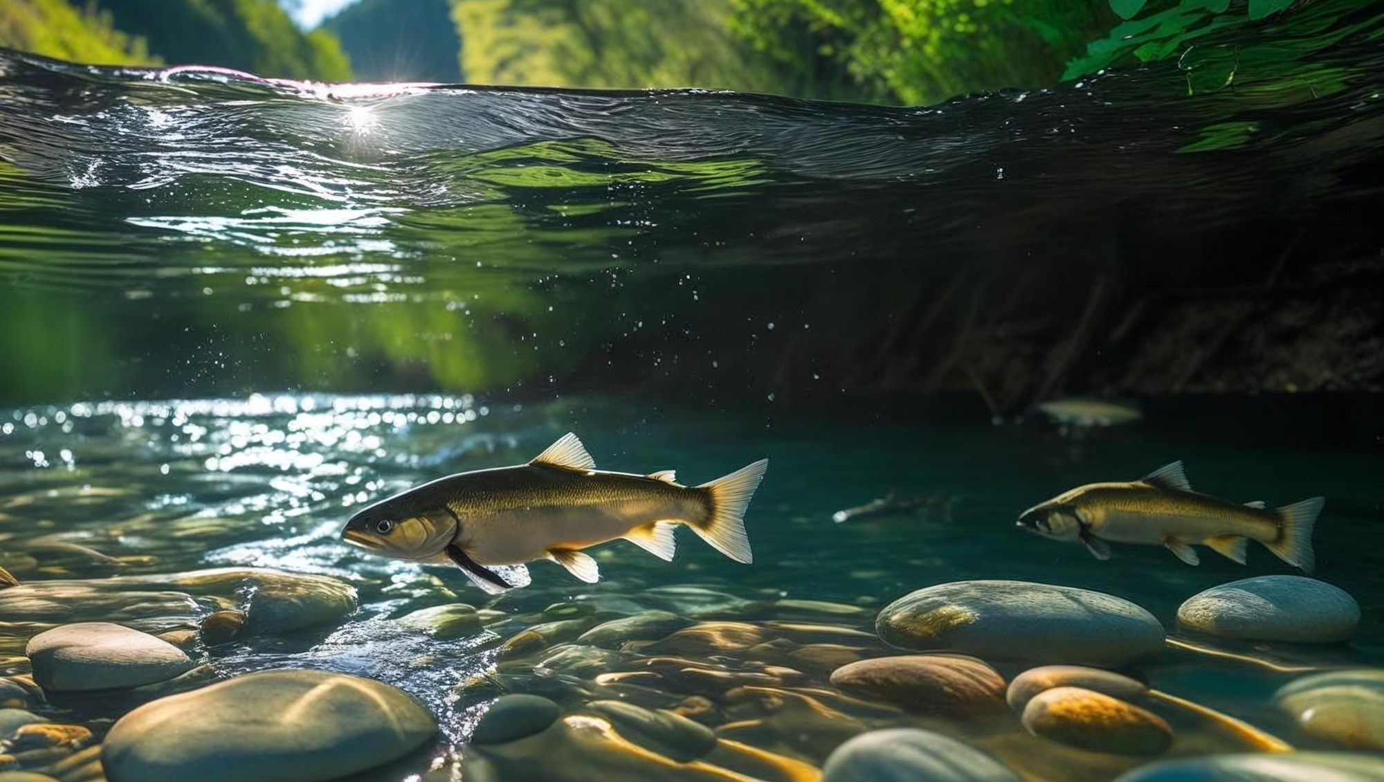 Underwater view of fish swimming above smooth rocks in a clear river with sunlight streaming through.