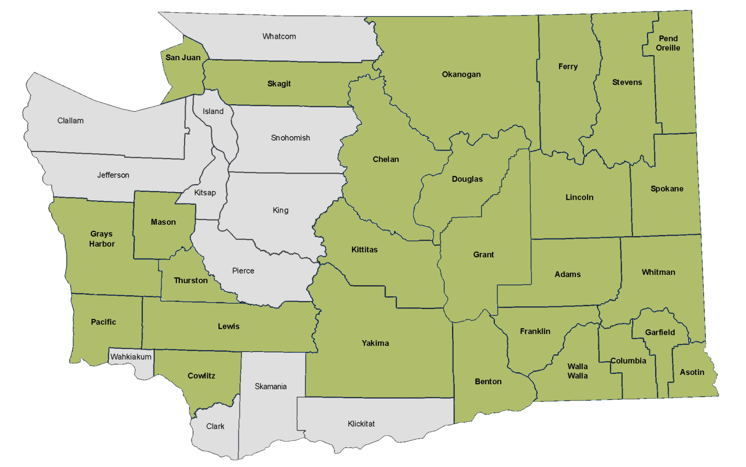A map showing the counties of Washington State, USA.