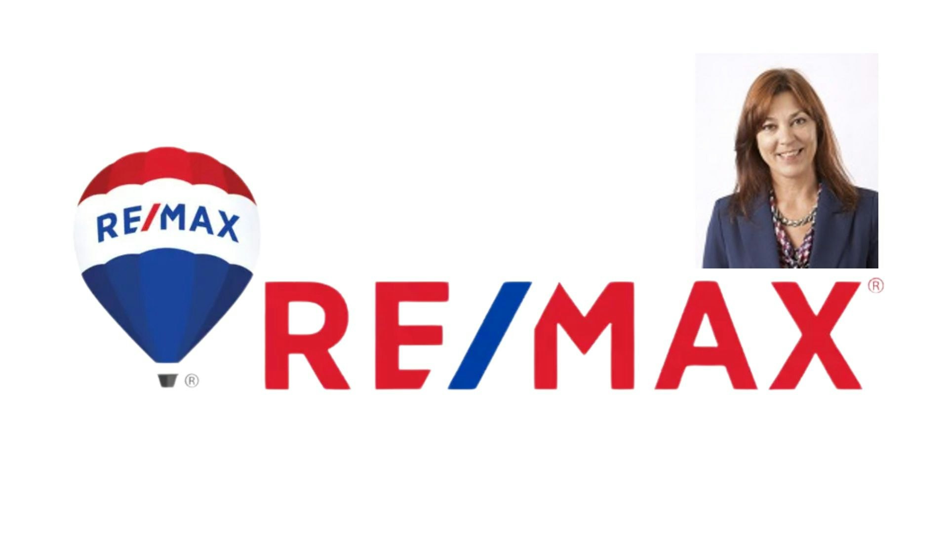 RE/MAX logo with a hot air balloon and a portrait of a woman in a blue blazer.