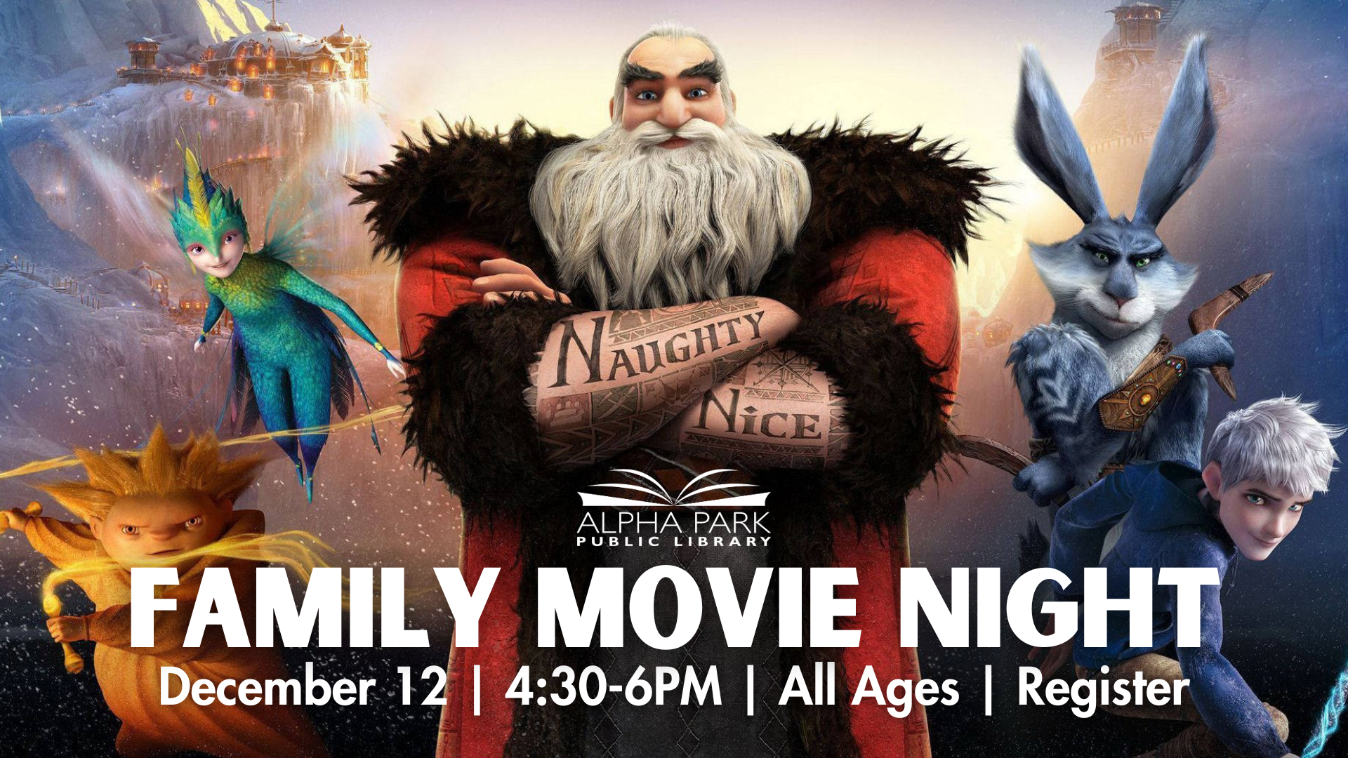 Family Movie Night poster with animated characters; December 12, 4:30-6PM at Alpha Park Public Library.