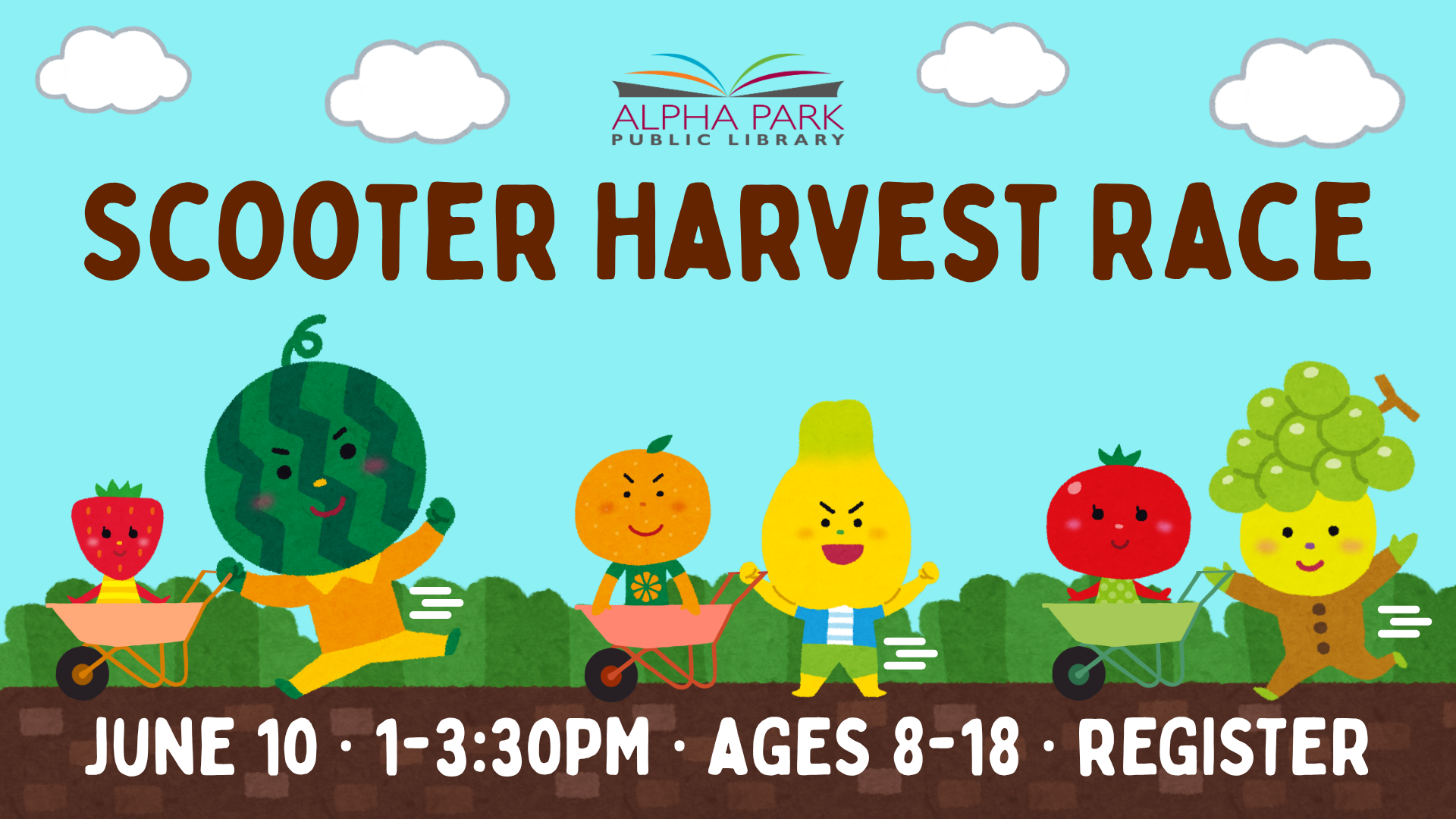 A fun event at Alpha Park Library: Scooter Harvest Race on June 10 for ages 8-18. Register to participate!