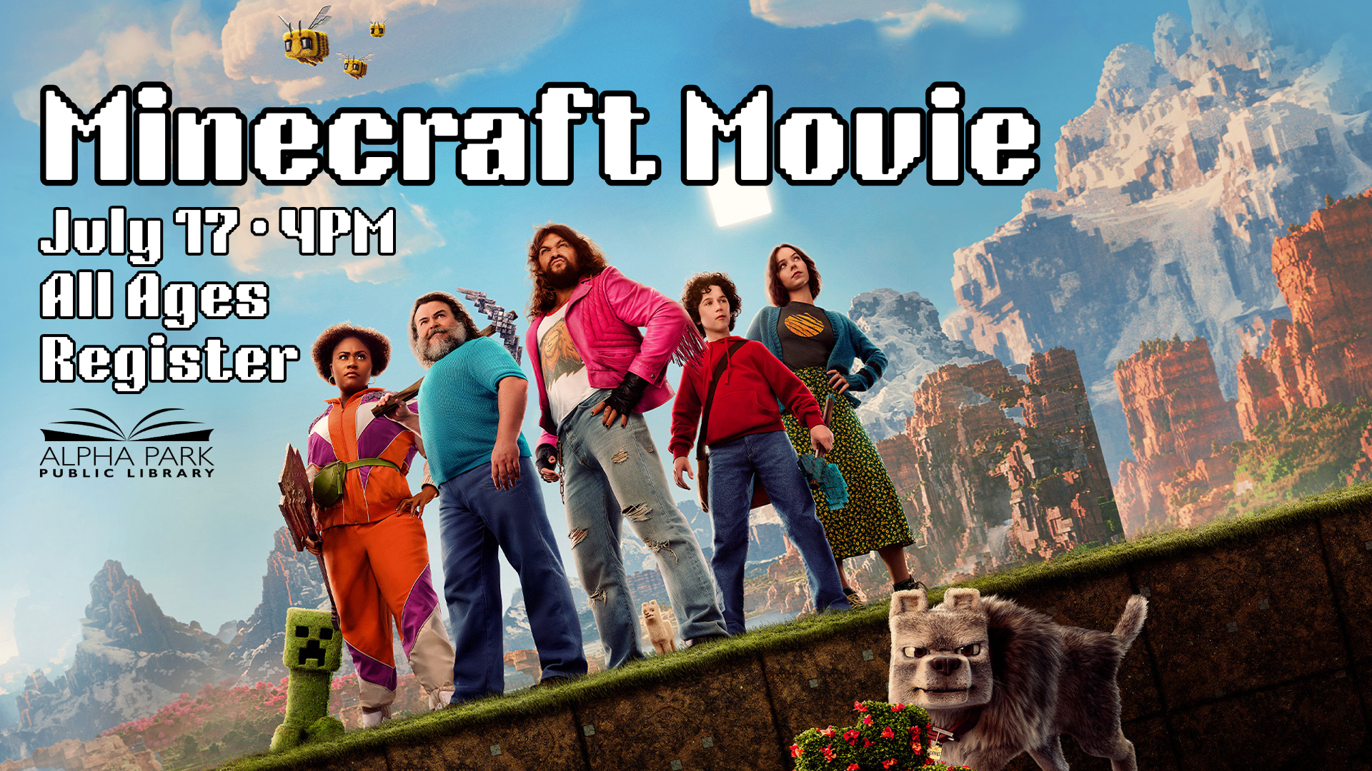 Poster for a "Minecraft Movie" event at Alpha Park Public Library on July 17, 4 PM, for all ages. Includes animated landscape and characters.