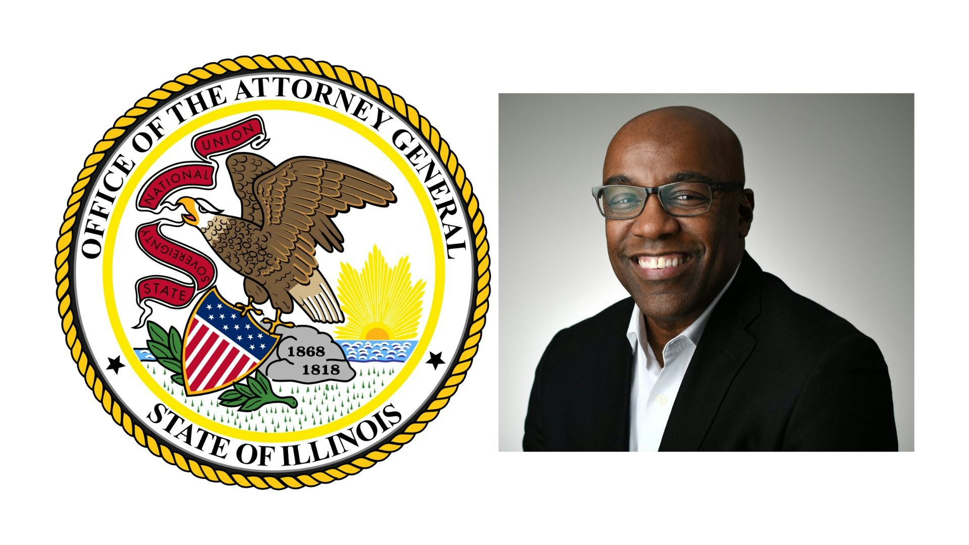 Seal of the Illinois Attorney General's Office and a smiling person wearing glasses and a black suit.