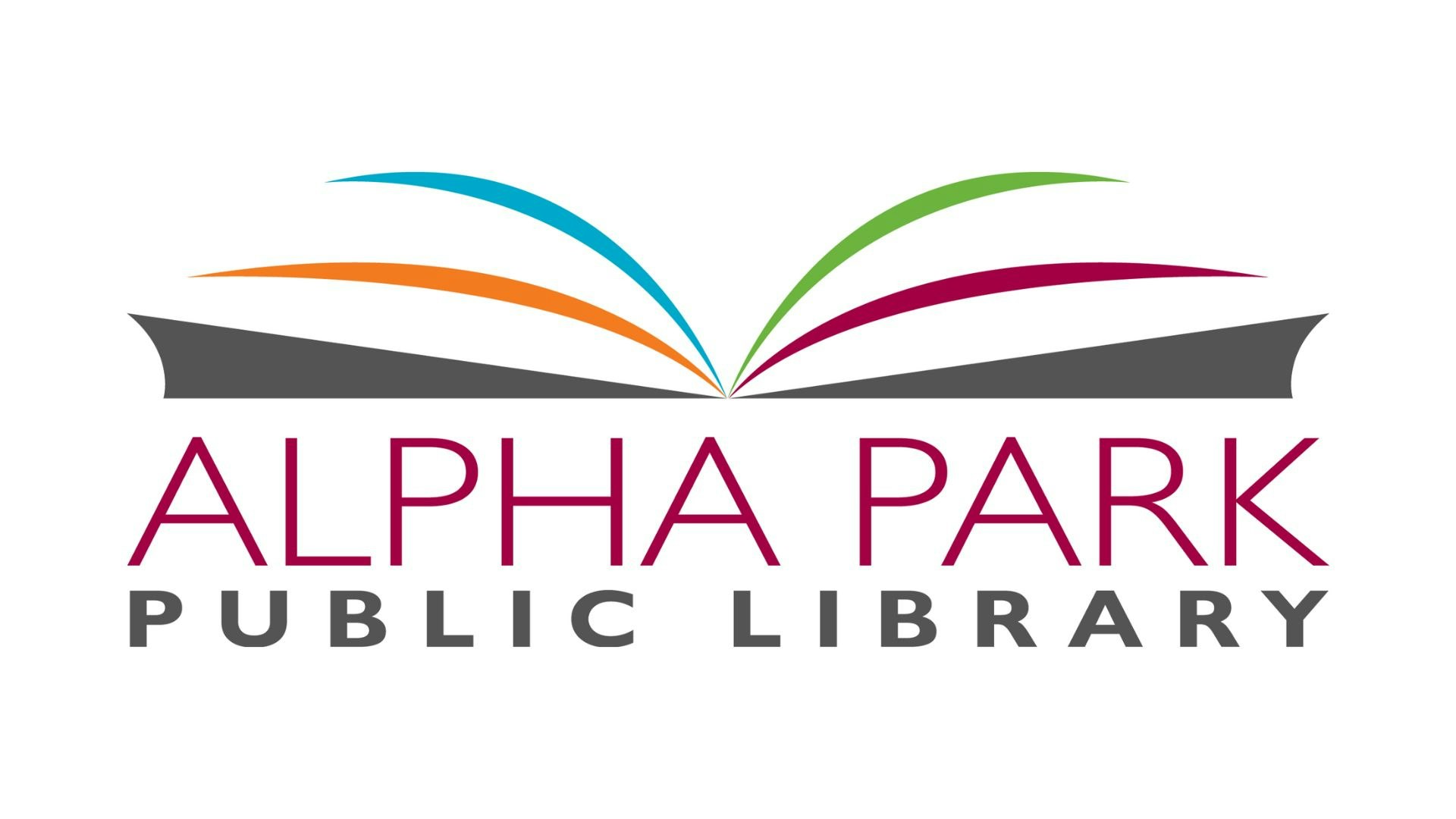 Logo of Alpha Park Public Library featuring an open book design with colorful pages.