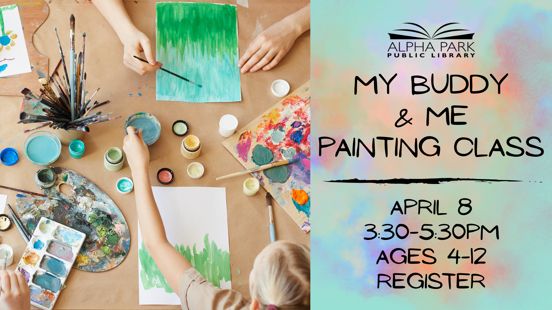 A painting class for ages 4-12 at Alpha Park Public Library on April 8, from 3:30 to 5:30 PM. Register to join!