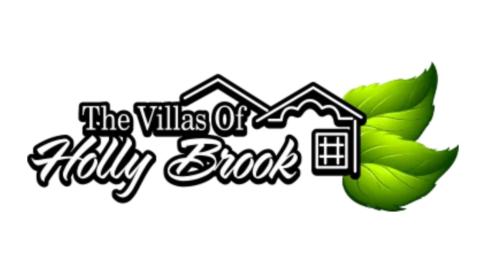 Logo with text "The Villas Of Holly Brook" featuring house silhouettes and green leaves.