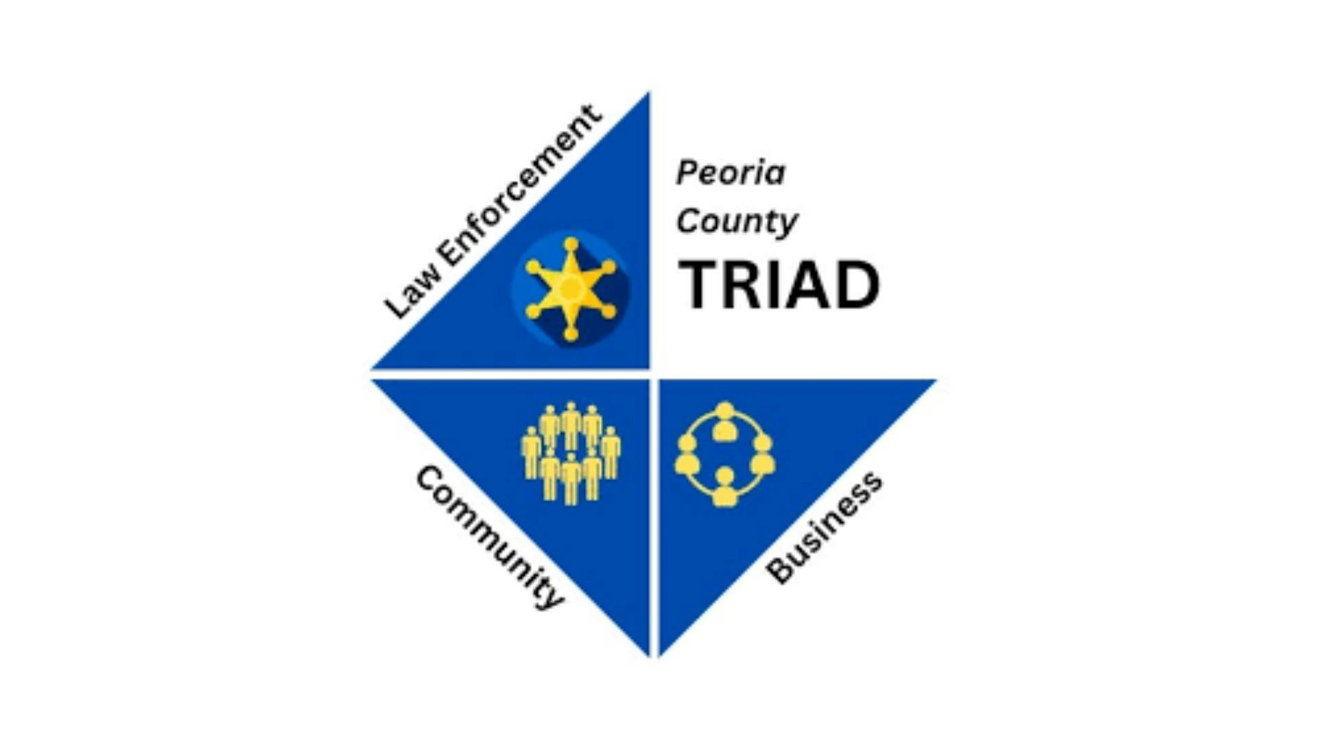 Logo of Peoria County TRIAD: Law Enforcement, Community, and Business collaboration, with icons representing each sector.