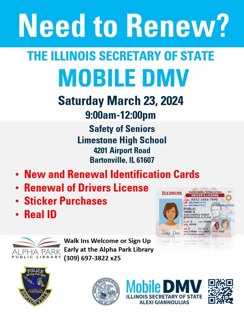 A poster for Illinois Mobile DMV services offering license renewals and ID cards on March 23, 2024, in Bartonville, IL.