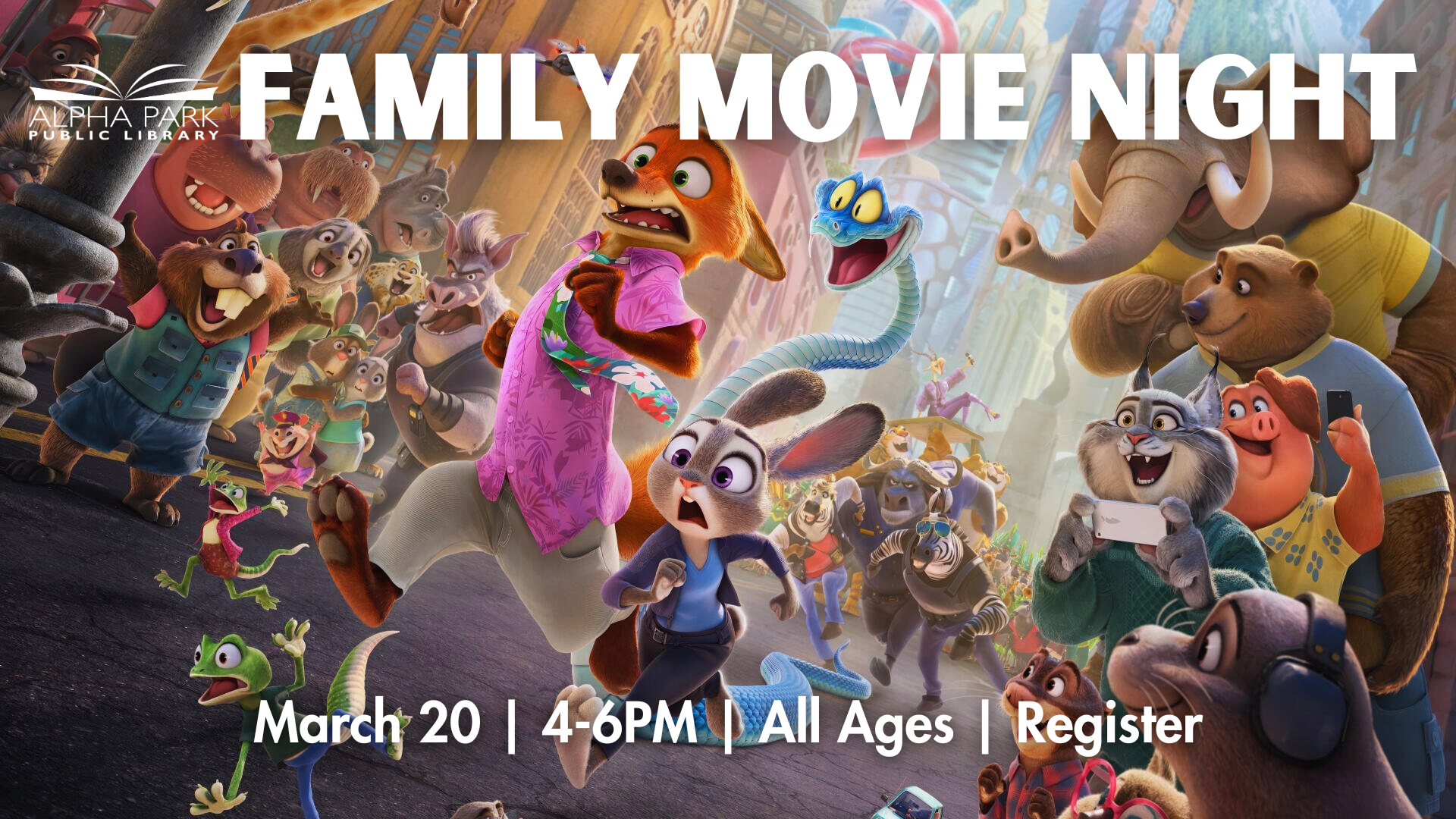 The image promotes a Family Movie Night at Alpha Park Public Library on March 20, from 4-6 PM, for all ages.