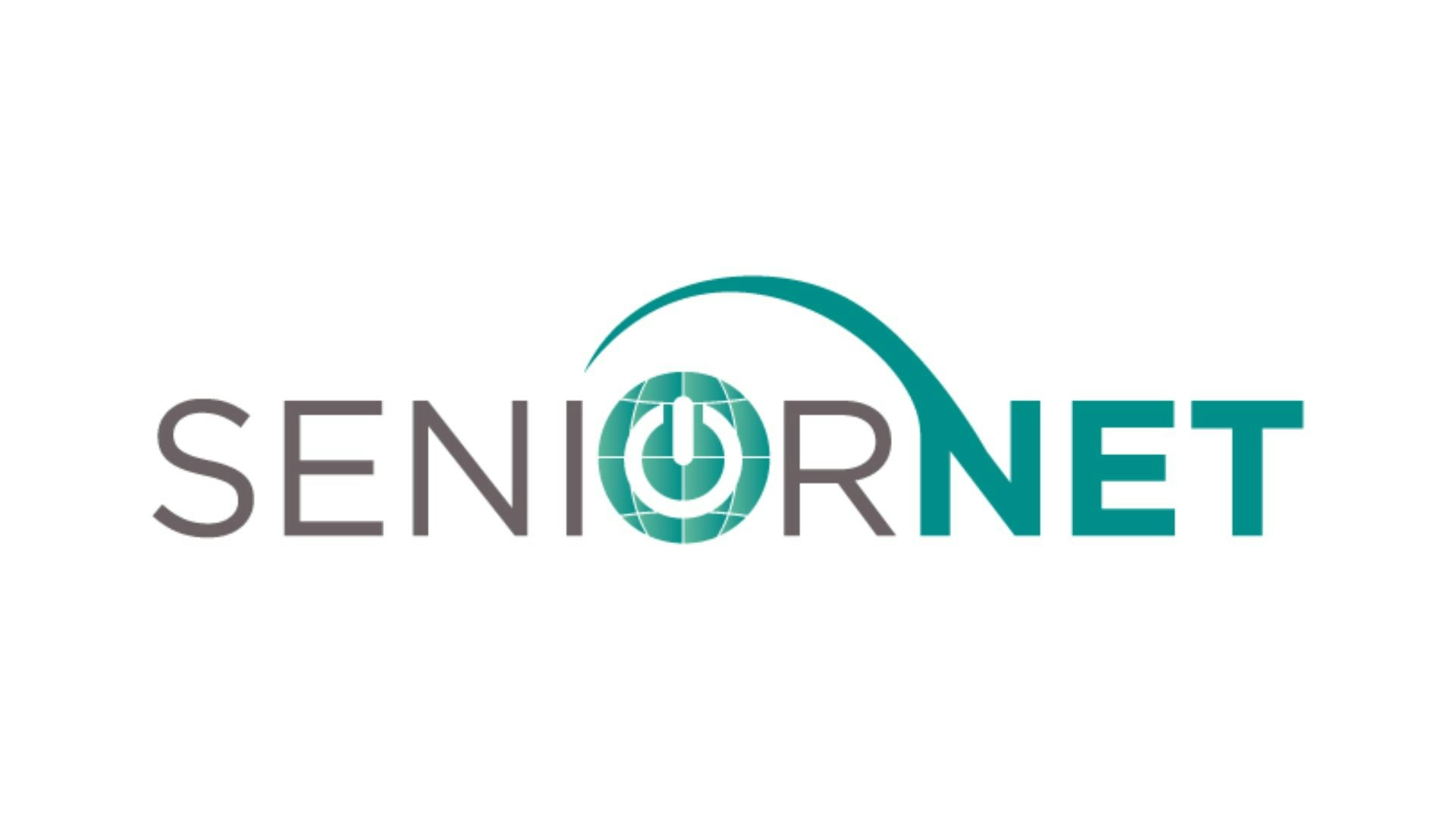 A logo with the text "SENIORNET" featuring a power symbol within a globe design and an arch over the word.