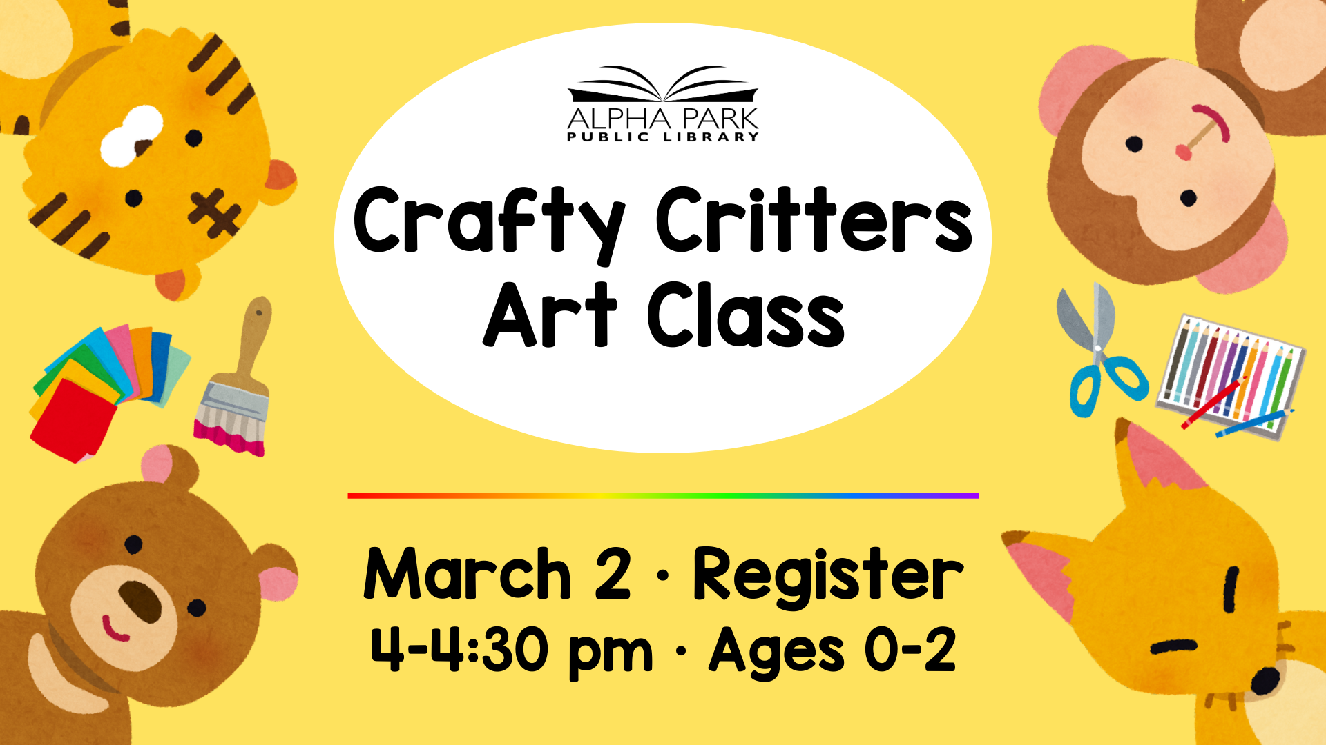 An art class for ages 0-2 at Alpha Park Public Library on March 2, 4-4:30 pm. Registration required.